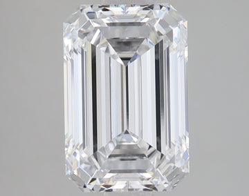 Clear emerald-cut lab-grown diamond with faceted sides and light reflections on neutral gray background.