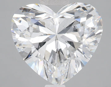 Heart-shaped lab-grown diamond with faceted surface and light refraction on gray background.