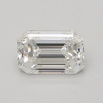 Emerald cut lab grown diamond, 0.8 carat, colorless with faceted surfaces and step-cut pattern.