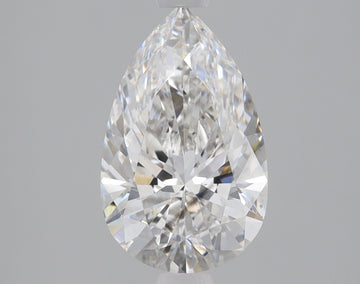 Pear-shaped colorless lab-grown diamond with faceted surfaces displaying light refraction on neutral background.
