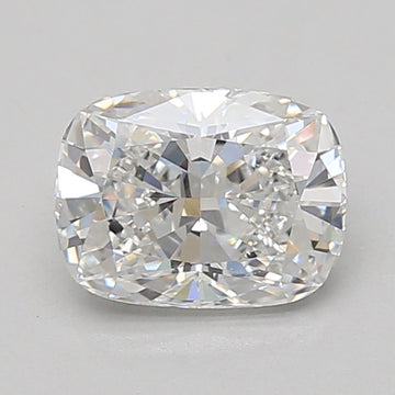 Colorless cushion-cut lab-grown diamond displaying faceted reflections on neutral background.
