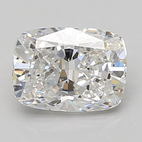 Colorless cushion-cut lab-grown diamond displaying faceted reflections on neutral background.