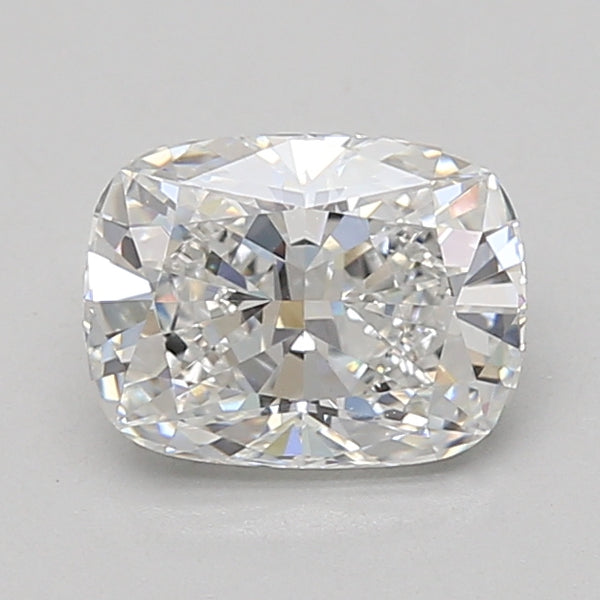 Colorless cushion-cut lab-grown diamond displaying faceted reflections on neutral background.