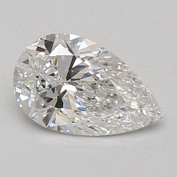 Pear-shaped clear lab-grown diamond with faceted cuts reflecting light, displayed on neutral background.