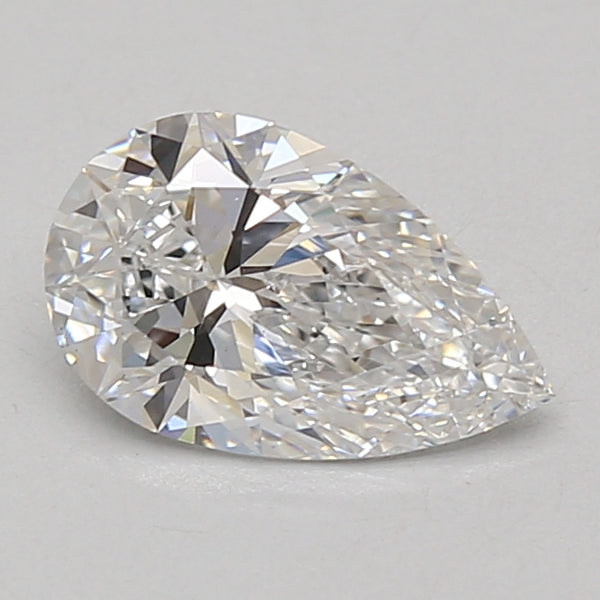 Pear-shaped clear lab-grown diamond with faceted cuts reflecting light, displayed on neutral background.