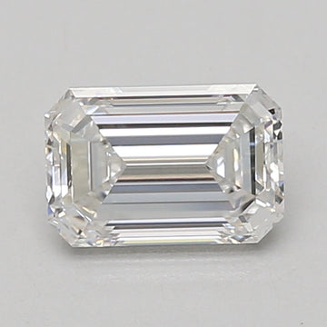 Emerald-cut colorless lab-grown diamond with step facets and beveled corners on neutral background.
