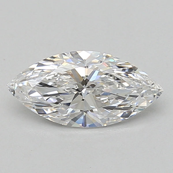 Marquise-cut lab-grown diamond with faceted surface displaying light refraction on neutral background.