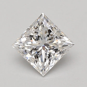 Colorless princess-cut lab-grown diamond with faceted surfaces and sharp edges displayed on neutral background.
