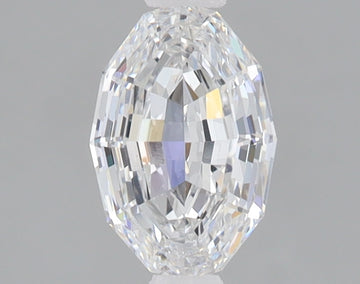 Oval step-cut lab-grown diamond with faceted surfaces reflecting light against a gray background.