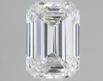 Emerald-cut lab-grown diamond with faceted surfaces and clear crystalline appearance against neutral background.