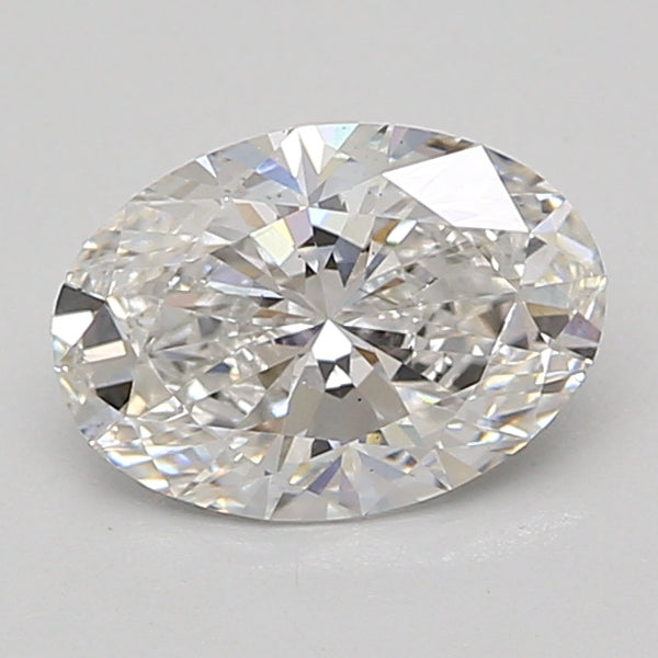 Oval-cut clear lab-grown diamond with faceted surface displaying light refraction, shown against neutral background.