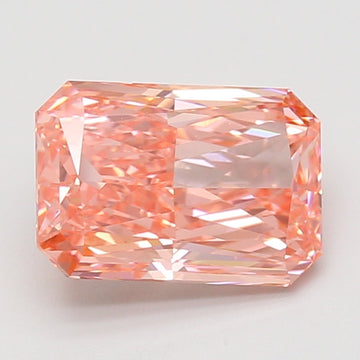 Radiant cut lab-grown diamond with peachy-pink color and faceted surfaces reflecting light.