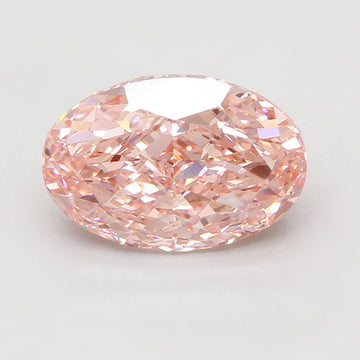 Oval-cut lab-grown diamond with pale pink hue and faceted surface, displayed against neutral background.