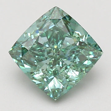 Cushion-cut lab-grown diamond with light green tint, displaying faceted surfaces and internal light reflections.
