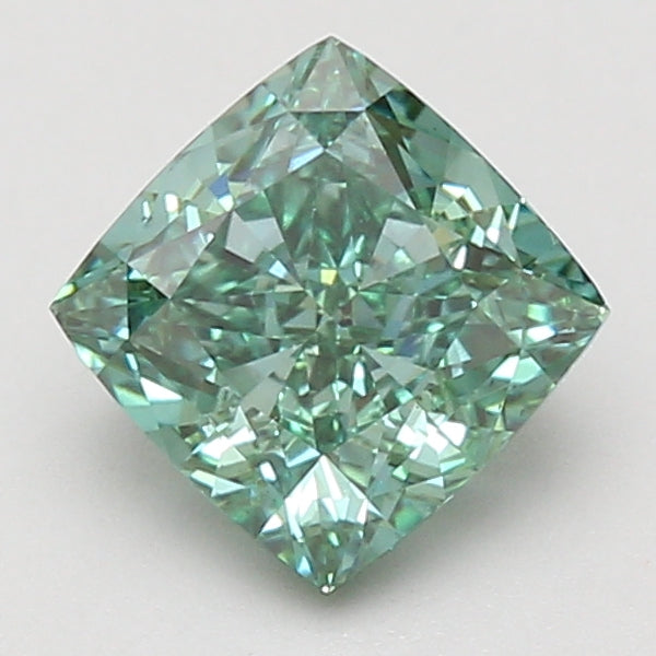 Cushion-cut lab-grown diamond with light green tint, displaying faceted surfaces and internal light reflections.