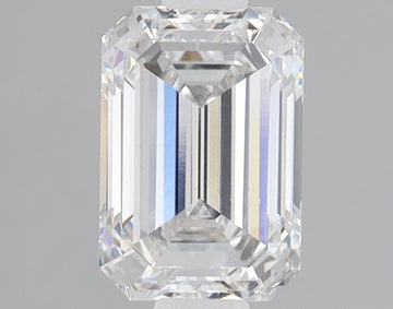 Emerald-cut lab-grown diamond with clear faceting and light reflections on neutral background.