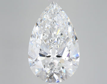 Pear-shaped lab-grown diamond with faceted surfaces reflecting white and colored light against neutral background.