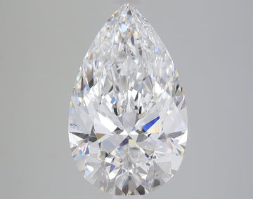 Pear-shaped clear lab-grown diamond with faceted surfaces and light refraction, displayed against neutral background.