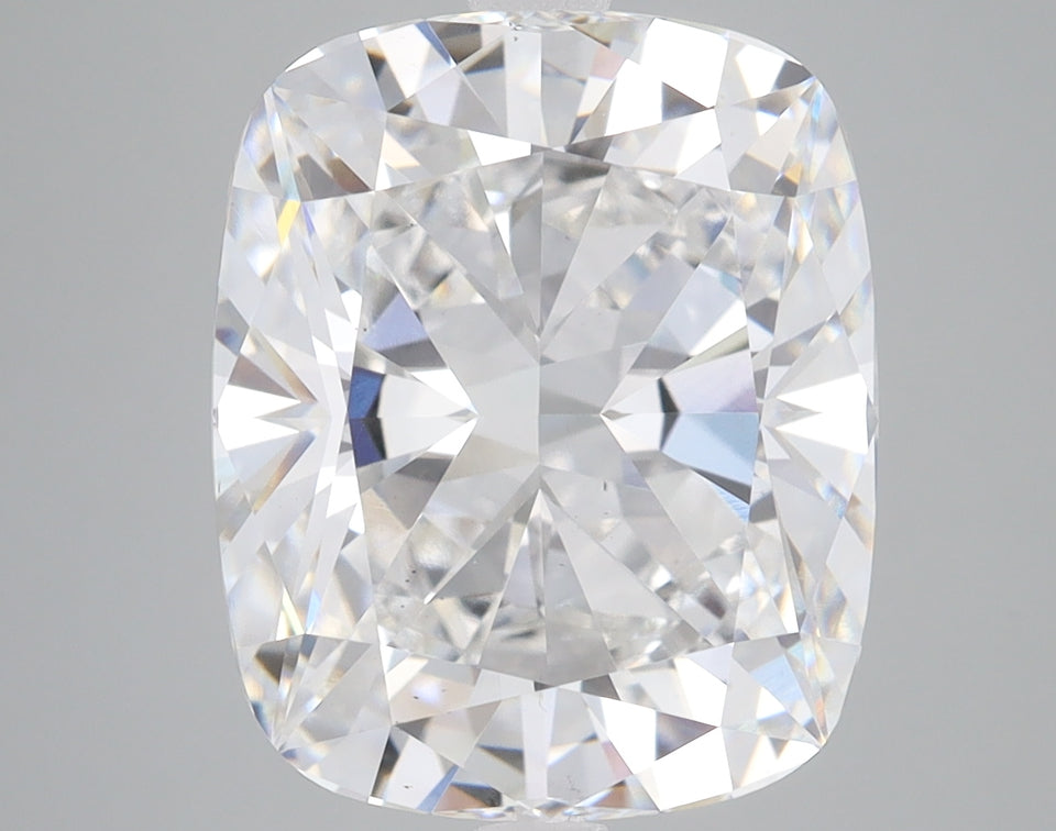 Cushion-cut lab-grown diamond with faceted surfaces reflecting light, displayed against neutral gray background.