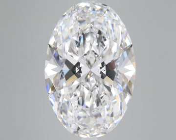 Oval-cut lab grown diamond with faceted surfaces and light refraction, displayed against neutral background.