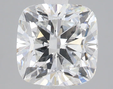 Cushion-cut lab-grown diamond with faceted surface displaying light refraction, presented against neutral gray background.