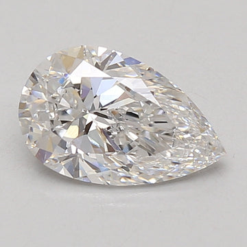 Pear-shaped lab-grown diamond with faceted surface and light reflections on neutral background.
