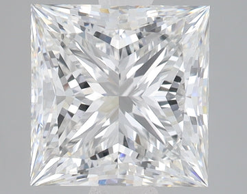 Colorless princess-cut diamond with faceted surface reflecting light, displayed against gray background.