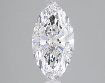 Clear marquise-cut lab-grown diamond with brilliant faceting and light refraction on neutral background.