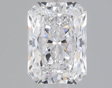 Radiant cut lab-grown diamond with faceted surface displaying light refraction and sparkle against neutral background.