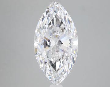 Marquise-cut clear lab-grown diamond with faceted surfaces and internal light reflections displayed against neutral backgroun