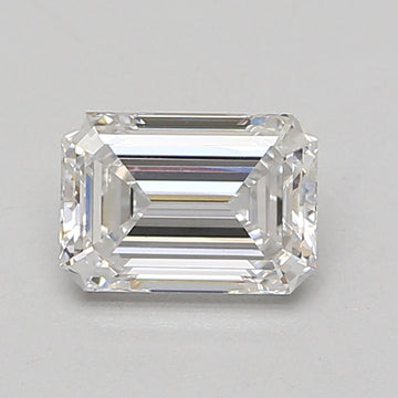 Emerald-cut lab-grown diamond loose stone with faceted surface and clear transparency on neutral background.