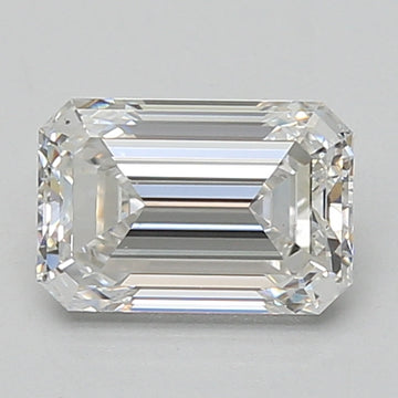 Emerald-cut lab-grown diamond with faceted sides and step-cut crown, displaying light refraction across clear surface.