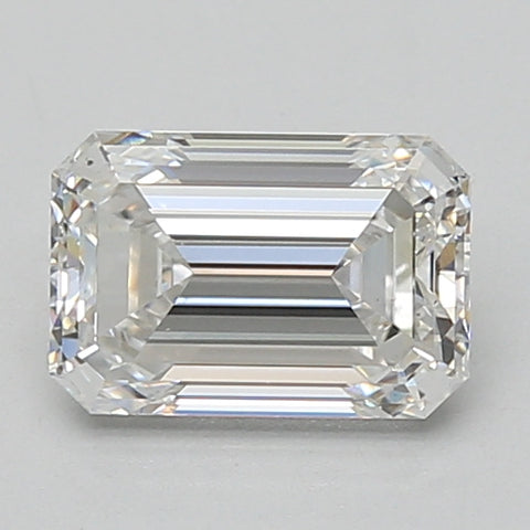 Emerald-cut lab-grown diamond with faceted sides and step-cut crown, displaying light refraction across clear surface.