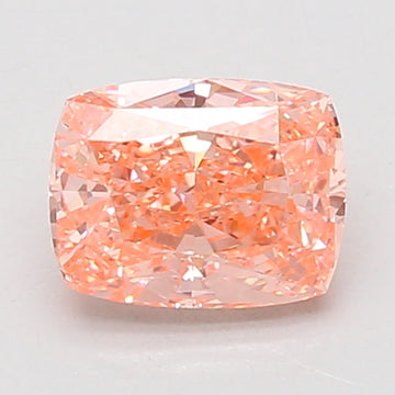 Cushion-cut lab-grown diamond with peachy-pink hue and faceted surface, displayed against white background.
