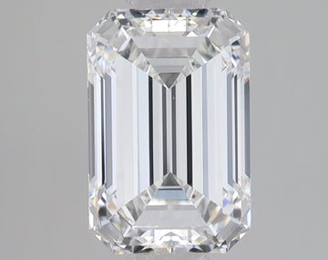 Clear emerald-cut lab-grown diamond with faceted sides and reflective surfaces on gray background.