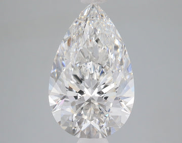 Pear-shaped lab-grown diamond with faceted surface displaying light refraction on neutral background.