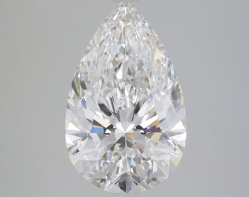 Pear-shaped colorless lab-grown diamond with faceted surfaces and light refraction, displayed against neutral background.
