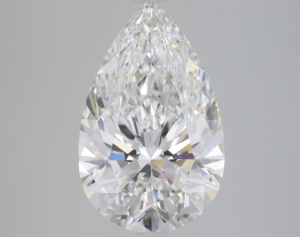 Pear-shaped colorless lab-grown diamond with faceted surfaces and light refraction, displayed against neutral background.