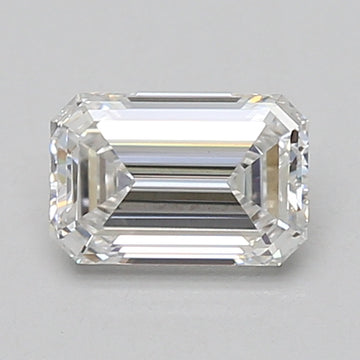 Emerald cut lab-grown diamond loose stone with faceted rectangular shape and clear appearance on gray background.