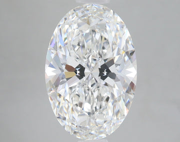 Oval cut lab-grown diamond with faceted surface and light reflections on gray background.