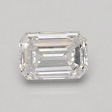 Emerald cut lab-grown diamond with step facets and clear transparency on neutral background.