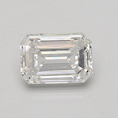 Emerald cut lab-grown diamond with step facets and clear transparency on neutral background.