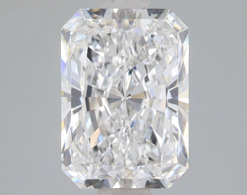 Clear radiant-cut diamond with faceted surfaces reflecting light, displayed on gray background.