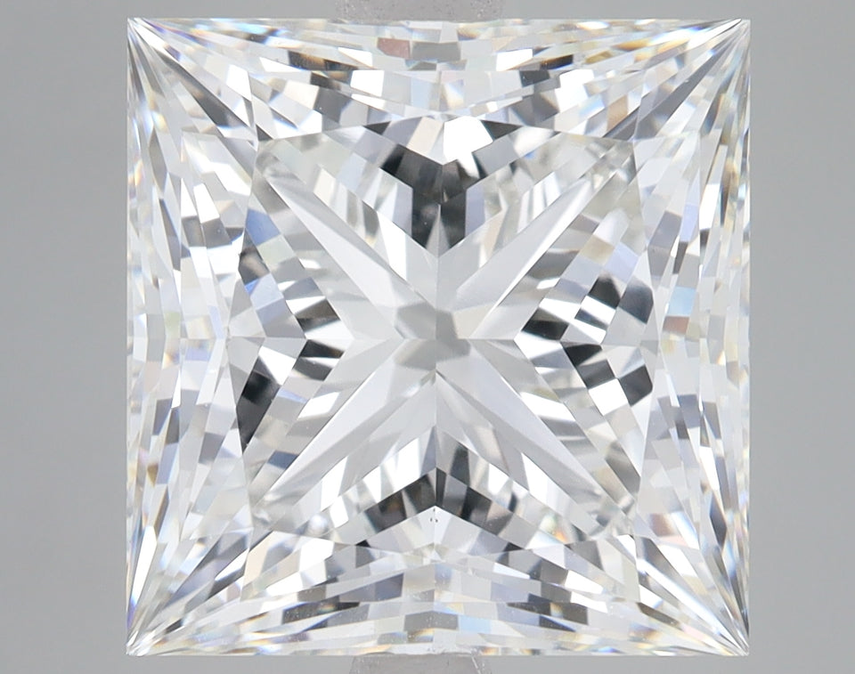 Princess-cut lab-grown diamond with faceted surface reflecting light, displaying clear transparency and geometric square shap