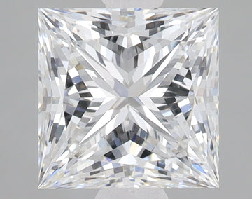 Princess-cut lab grown diamond with faceted surface reflecting light, displayed against gray background.