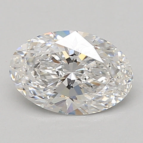 Oval cut lab-grown diamond with faceted surfaces and light reflections on neutral background.