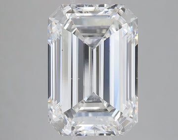 Emerald-cut lab-grown diamond with faceted sides and sharp corners, displaying clear sparkle and light refraction on neutral 