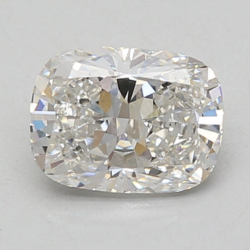 Cushion-cut lab-grown diamond with faceted surfaces reflecting light, displaying a clear to near-colorless appearance.