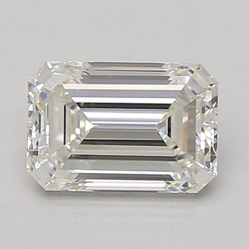 Emerald-cut lab-grown diamond with faceted surface and clear appearance, displayed against neutral background.
