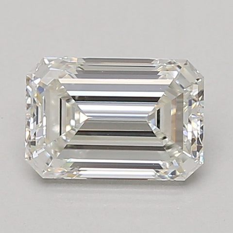 Emerald-cut lab-grown diamond with faceted surface and clear appearance, displayed against neutral background.